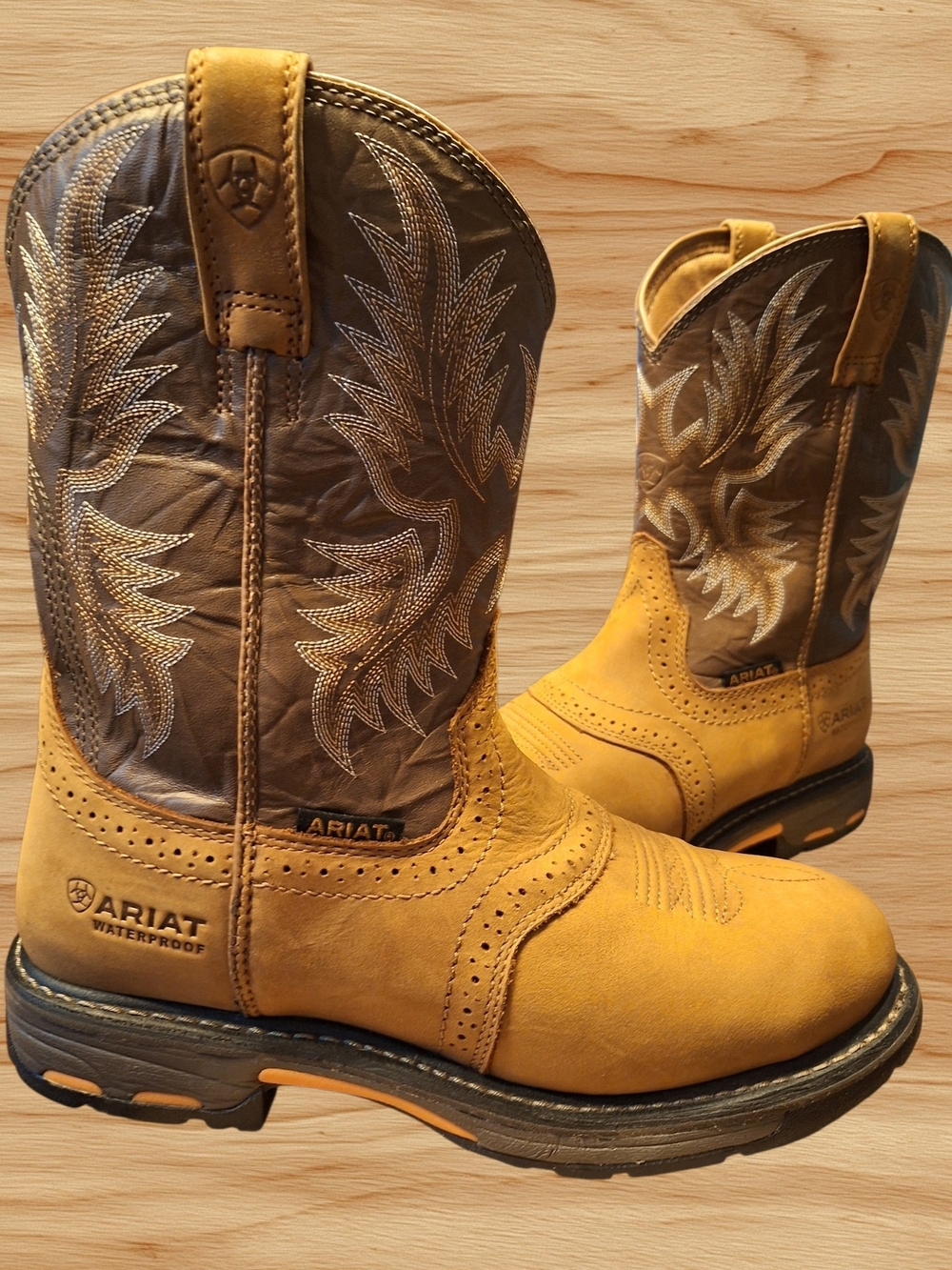 Ariat Waterproof Two-Tone Brown and Yellow Western Work Boots